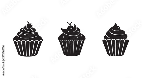 Blackandwhite cupcake silhouettes with cherry toppings on white background  sweet treats