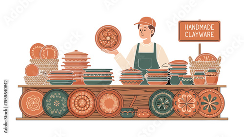 Artisan Craftsmanship: The artisan proudly showcases exquisite handmade clayware, demonstrating his skillful technique and the timeless artistry of ceramics. 