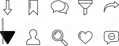 Set of user interface line icons including arrows, chat bubbles, search, filter, profile, and favorite symbols in minimal vector style