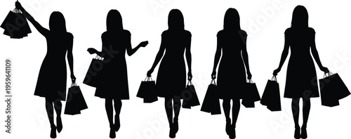 Shopping women silhouettes, fashion lifestyle, retail consumer icons, stylish dresses, high heels, shopping bags, movement poses, marketing illustration, commerce design