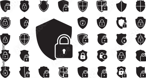 Security icons with shields and locks on white background