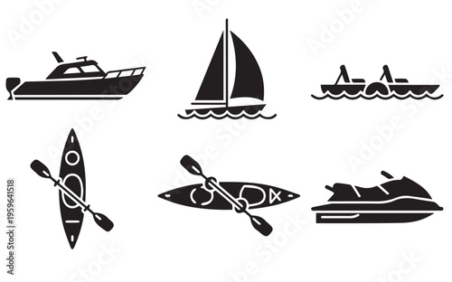 Watercraft and Boat Vector Icon Set - Sailboat, Kayak, Jet Ski, and Powerboat Silhouettes