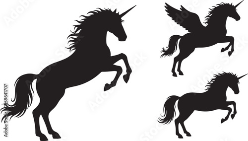 Black Unicorn Silhouettes in Various Dynamic Running Positions Isolated