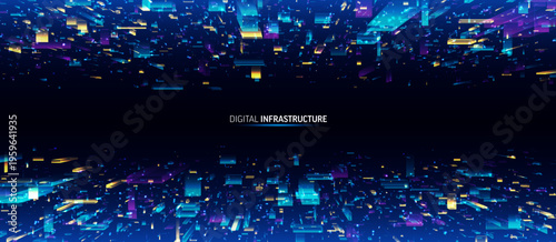 AI digital infrastructure background. Abstract 3D blocks flow in perspective. Big data network, cloud computing, futuristic cyber system, neon blue purple technology design