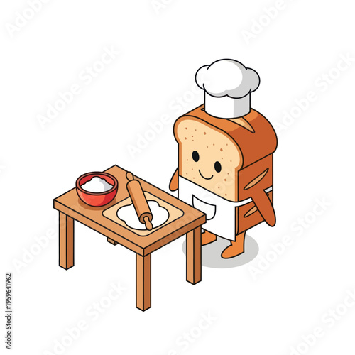 Cartoon Bread Baker Preparing Dough on Table.