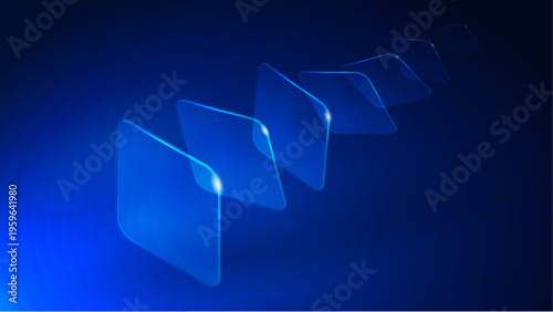 Abstract blue glass shapes in perspective. Modern technology background, transparent elements, light reflections. Futuristic design for digital data flow, business innovation. Dynamic motion concept