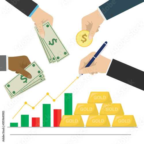 Diverse hands hold cash and coins over rising growth chart and gold bars. Hand draws an upward arrow, showing successful investment strategy in precious metals market.