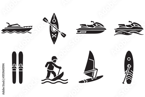Water Sports and Summer Recreation Icon Set - Vector Boat & Surfing Silhouettes