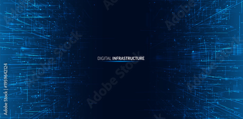 Futuristic digital tunnel with data lines. AI network infrastructure, cyber technology flow, glowing connections, abstract blue vertical composition, big data concept