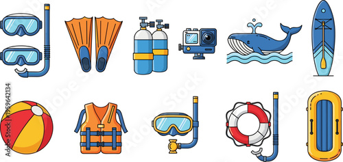 Set of summer beach and snorkeling equipment including goggles, fins, oxygen tanks, lifebuoy, surfboard, whale, and inflatable accessories in flat vector style