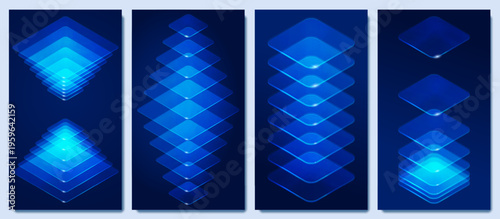 Digital technology background set. Abstract vertical flow. Glowing geometric shapes, lines. Network concept for AI, big data and smart connectivity. Futuristic blue mobile app, presentation template