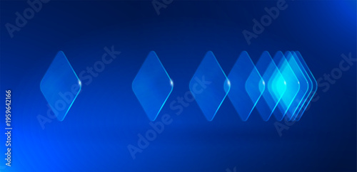Abstract blue blocks move forward. Dynamic digital technology background shows fast data flow, scalable systems. Futuristic transparent shapes, minimal design. Progress concept for AI, business.