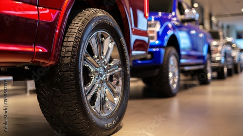 Pickup trucks automotive sale dealership vehicle wheel closeup transport business car inventory showroom tire metal design modern commercial industry market driving concept