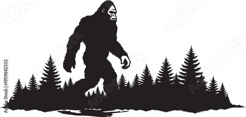 Bigfoot walking through a forest of pine trees quietly