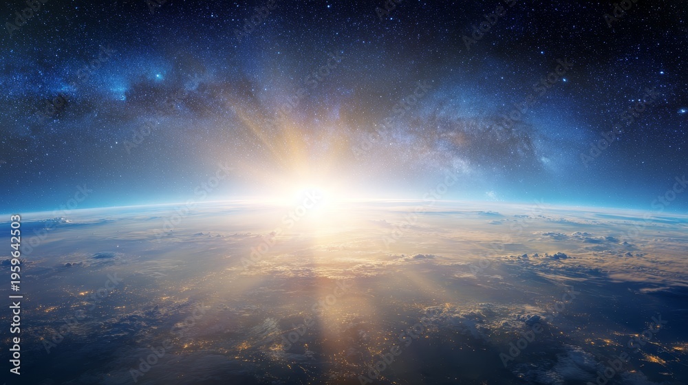 Fototapeta premium Earth planet space sunrise galaxy stars orbit globe environment ecology nature atmosphere horizon light universe cosmic global sustainability concept
