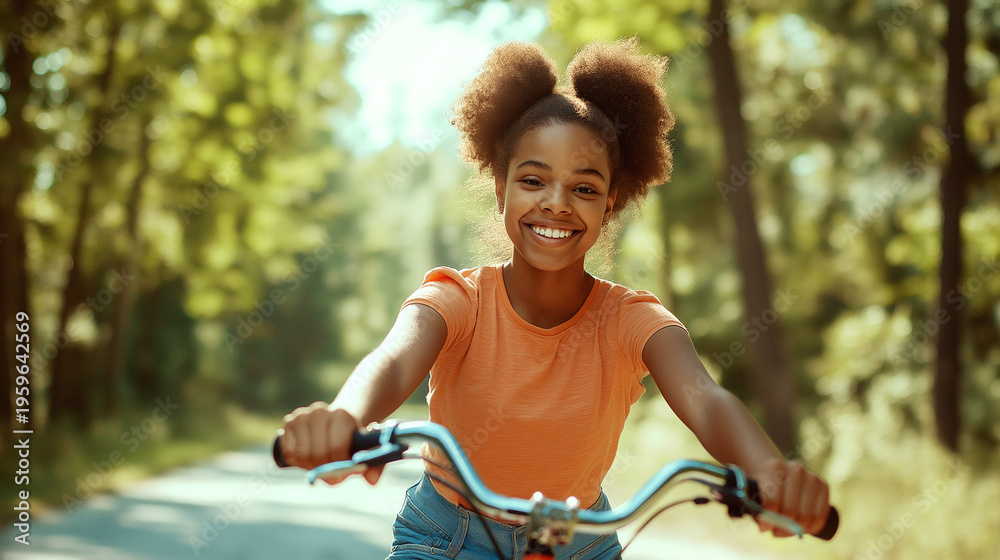 Obraz premium Smiling Afro-American teen girl riding bike on empty road through green trees in daylight