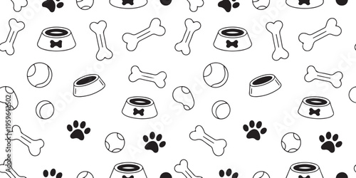 dog repeat pattern with bones paw prints tennis balls and bowls
