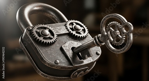 A vintage-style heavy iron padlock featuring external brass gears and an ornate skeleton key inserted into the keyhole.