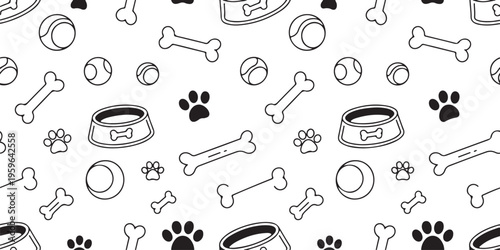 dog seamless pattern bones paw prints tennis balls food bowls tray
