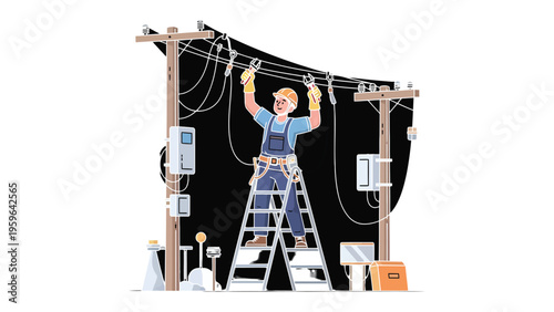 Electrician at Work: An electrician meticulously works on high-voltage power lines, embodying precision and expertise in ensuring a reliable electrical supply.