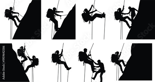 Rock climbing silhouettes, rappelling silhouettes, adventure climbing icons, mountaineering teamwork, cliff climbing illustration, outdoor climbing sport, rope safety silhouettes
