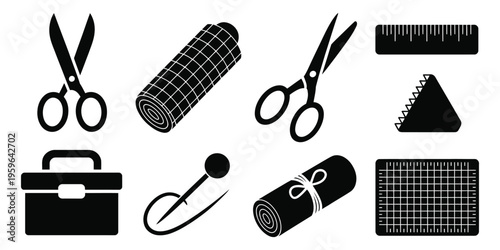 Crafting and Sewing Tools Icon Collection with Black Silhouettes of Scissors, Cutting Mat, Ruler, Chalk, and Hobby Supplies, Minimalist Graphic Design for DIY, Tailoring, and Handmade Projects