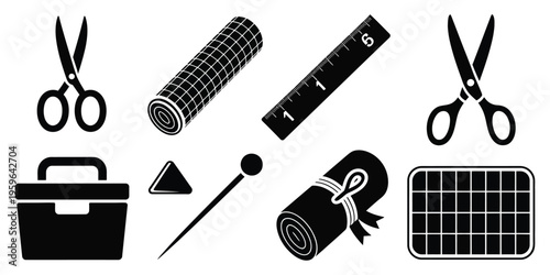 Crafting and Sewing Tools Icon Collection with Black Silhouettes of Scissors, Cutting Mat, Ruler, Chalk, and Hobby Supplies, Minimalist Graphic Design for DIY, Tailoring, and Handmade Projects