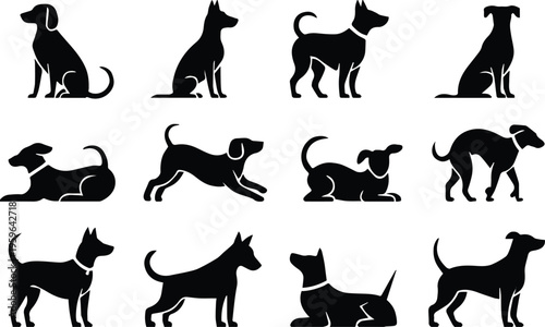 dog silhouette collection twelve black icons lying jumping sniffing