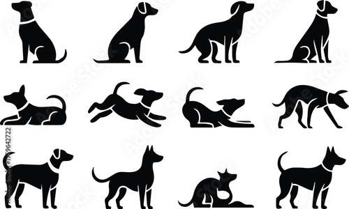 dog silhouette clipart twelve vector poses collar leash profile