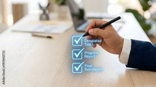 Corporate Hand Executing Holographic Checklist with Stylus in Eye-Level Medium Close-Up Amidst Negative Space Glow Background Bokeh Effect styus glow.