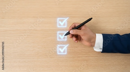 Corporate Hand Utilizing Stylus on Holographic Checklist with Eye-Level Medium Close-Up Negative Space Glow Studio Background styus glow.