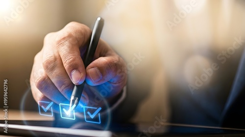 Corporate Hand Holding Holographic Stylus Checklist Eye-Level Medium Close-Up Negative Glow Warm Office Background styus glow.