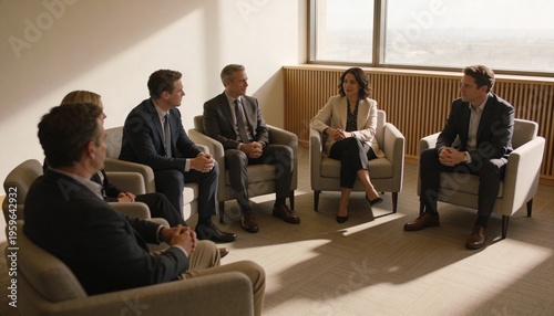 Discussing six executives sitting in meeting lounge by large window, wearing suits, with armchairs