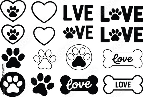 paw print bone and paw love badges for pet shop packaging vector icons