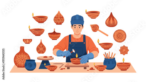 Crafting Tradition: An artisan meticulously crafting traditional clay lamps, surrounded by a vibrant array of his creations, embodying the essence of artistry and cultural heritage.