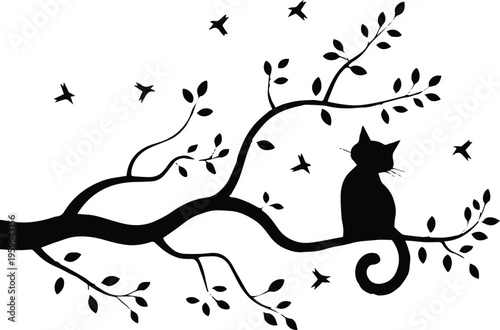 cat silhouette on tree branch with flying birds vector illustration