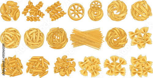 Italian pasta collection featuring spaghetti fusilli penne farfalle and assorted macaroni shapes in detailed golden vector illustration set for food design