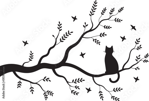 cat sitting on curved branch among leaves and birds vector art