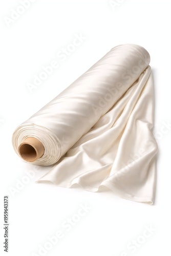 Raw White Silk Fabric Roll Isolated on White Background