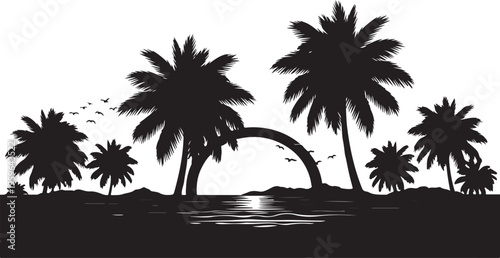 Silhouette of palm trees at sunset on tropical island