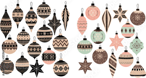 Vintage Christmas ornament collection with hand drawn patterned baubles stars and decorative hanging ornaments in pastel and neutral vector illustration style