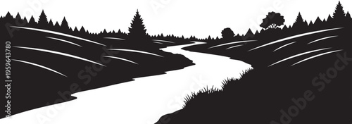 Serene black and white landscape with winding river illustration