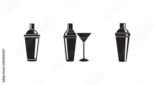 Cocktail shakers and a martini glass icons for mixology and bartending tools  simple black silhouettes