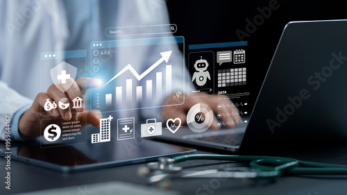 Healthcare business graph data. Doctor analysis insightful analytic dashboard on laptop of business growth, showing growth graph, AI system, financial metrics. Medical technology. hospital management.