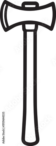 A minimalist, black and white line drawing of a sturdy double-bit axe, the tools are for felling trees, conveying power and utility.