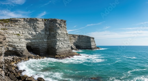 Immense stratified coastal cliffs meet turquoise ocean waters under a clear blue sky