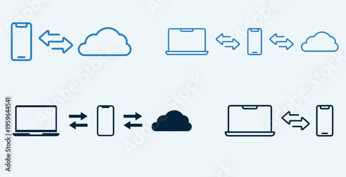 Cloud Data Transfer Icons: Smartphone, Laptop Syncing with Cloud Storage