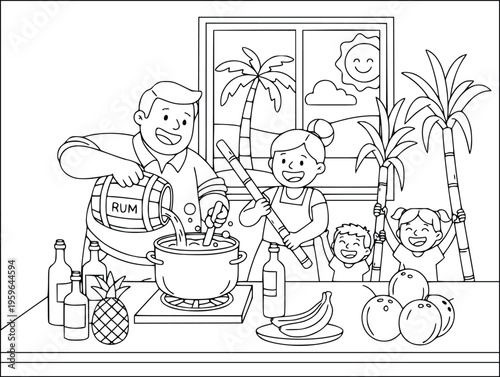 Coloring page shows a happy family making tropical rum punch in the kitchen