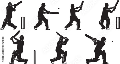 Cricket player in various batting poses silhouette illustration set