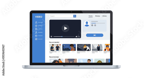 Laptop, computer screen, video player interface, online video platform, digital display